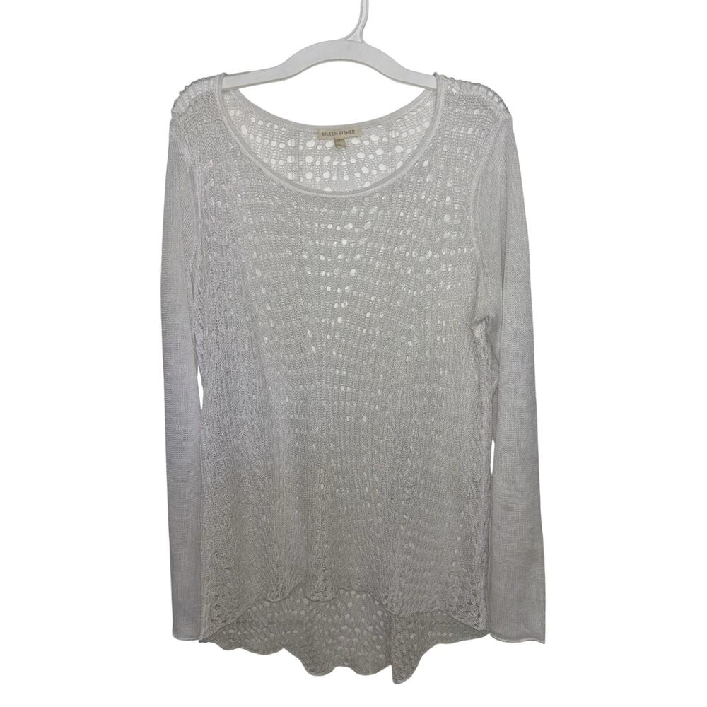 Eileen Fisher 100% Organic Linen White Open Knit Long Sleeve Top L Boho Coastal